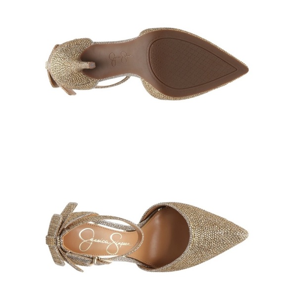 - Jessica Simpson Gold Rhinestone “Whispie” Pointed Toe Ankle Strap Heels 7 - Picture 4 of 15